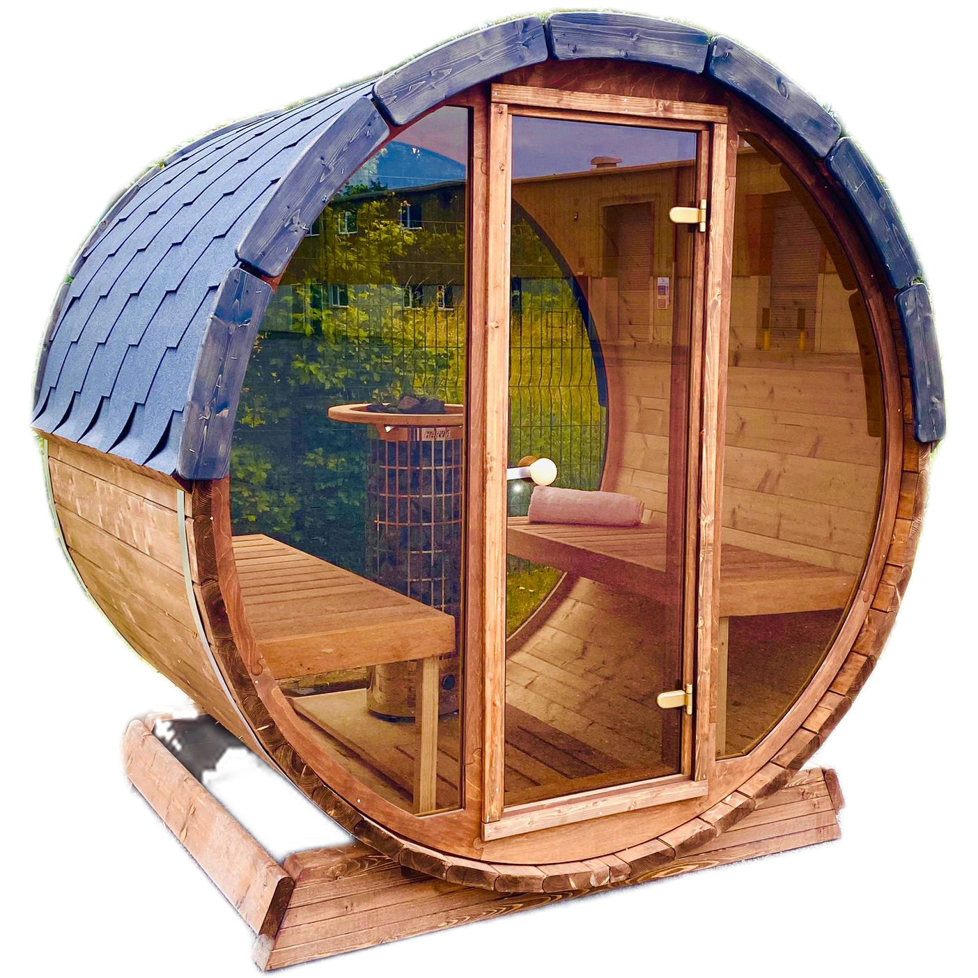 Terrace Outdoor Sauna with Full Back & Front Panoramic Glass Wall