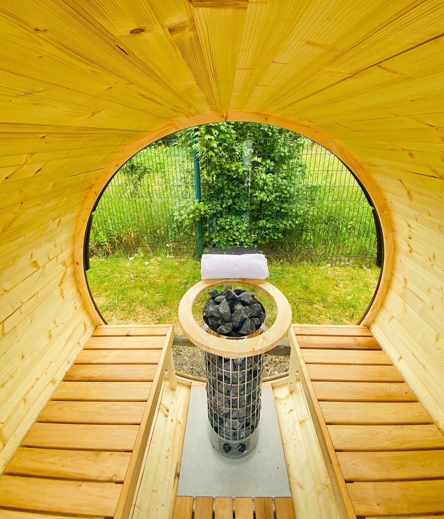 Terrace Outdoor Sauna with Full Back & Front Panoramic Glass Wall