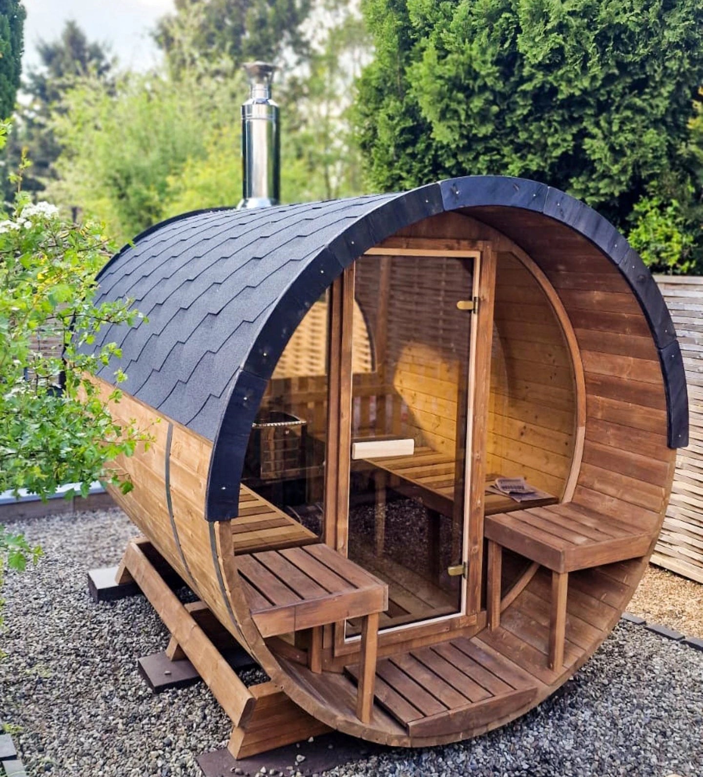 Barrel 2.5m Outdoor Sauna with Full Front & Full Rear Panoramic Glass