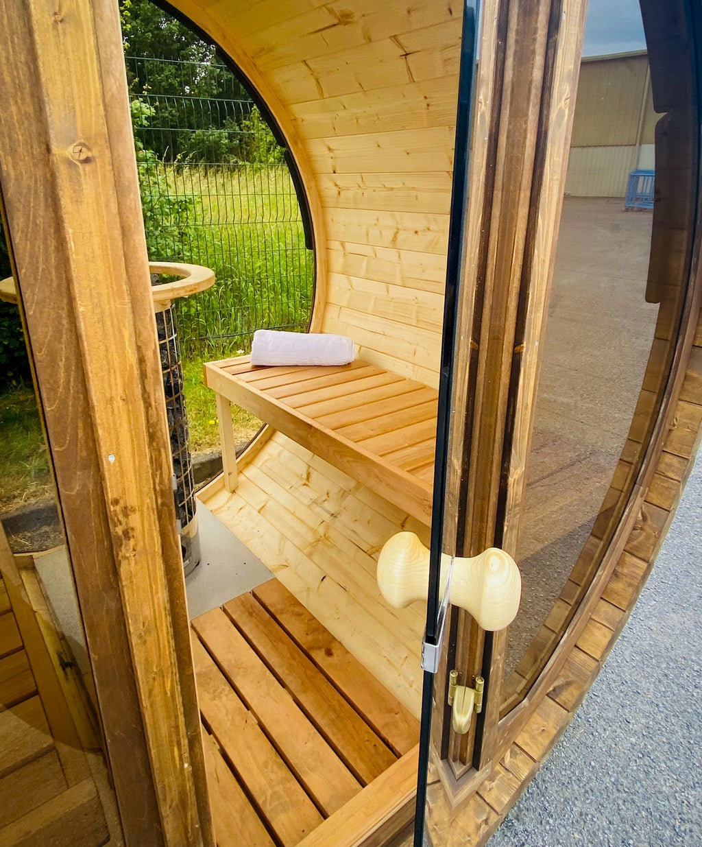 Terrace Outdoor Sauna with Full Back & Front Panoramic Glass Wall