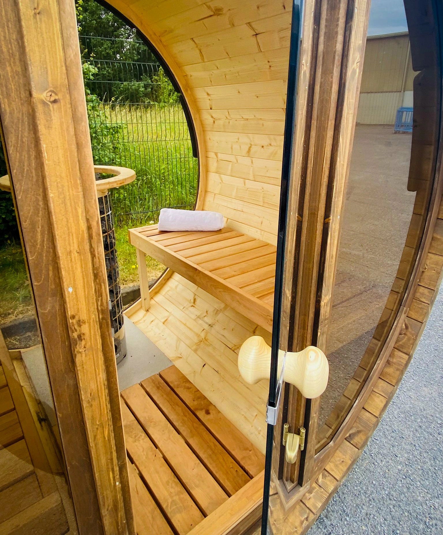 Terrace Outdoor Sauna with Full Back & Front Panoramic Glass Wall