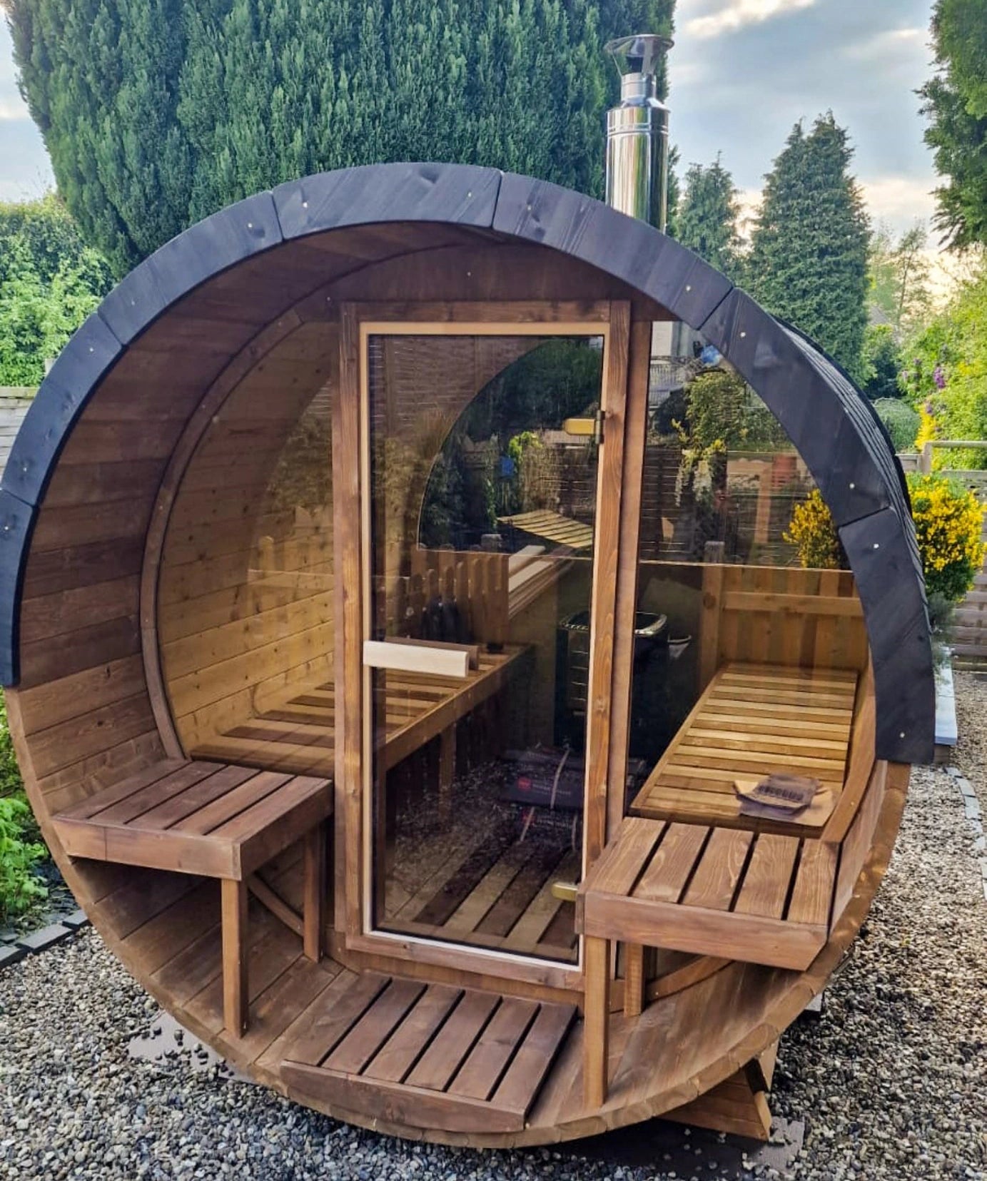 Barrel 2.5m Outdoor Sauna with Full Front & Full Rear Panoramic Glass