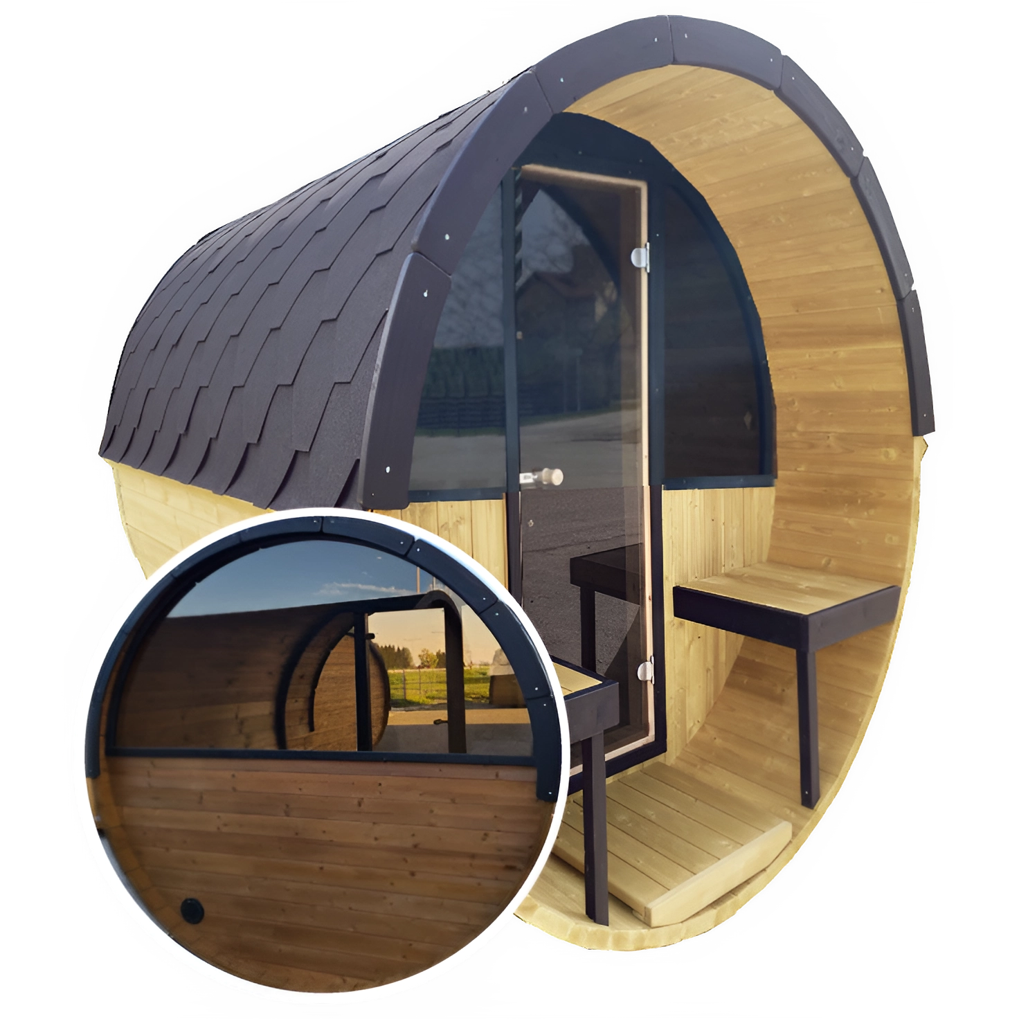 Barrel 2.5m Outdoor Sauna with Half Front & Half Rear Panoramic Glass