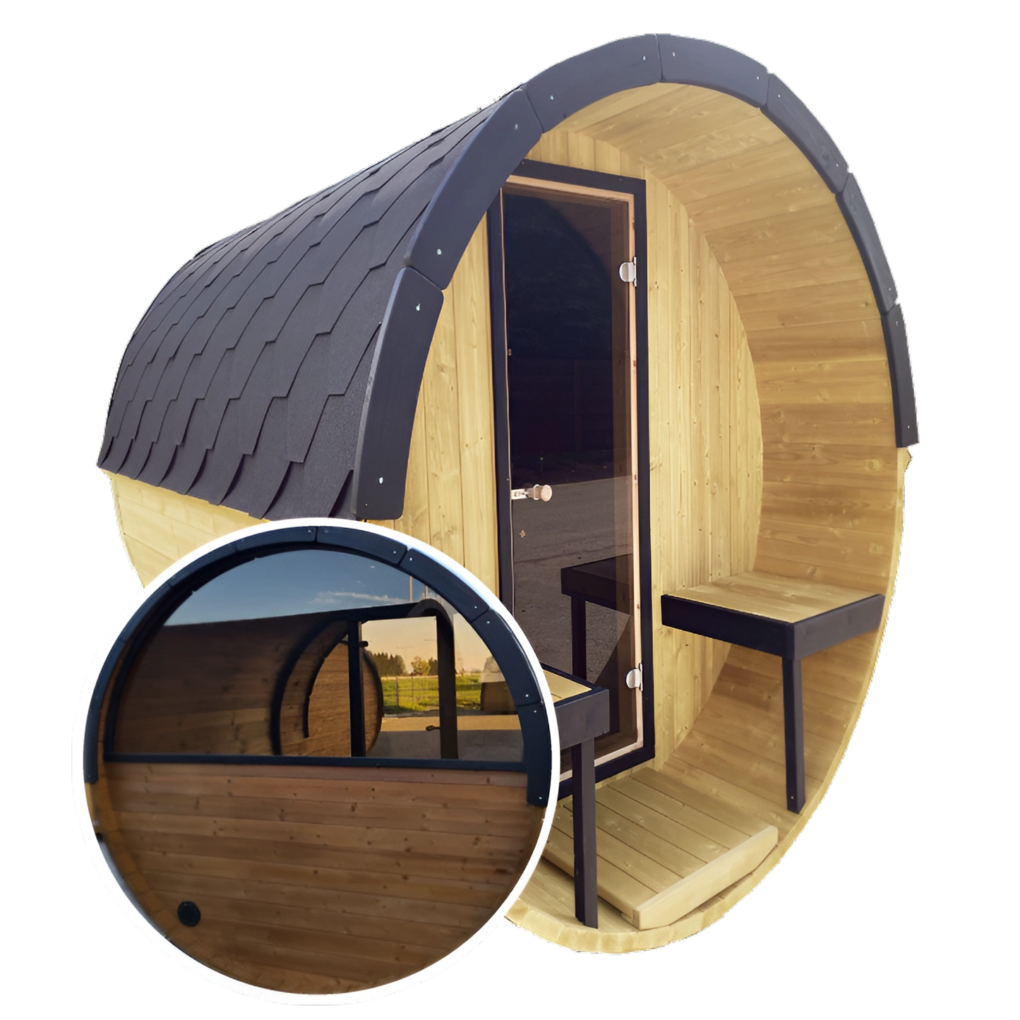 Barrel 3m Outdoor Sauna with Half Rear Panoramic Glass